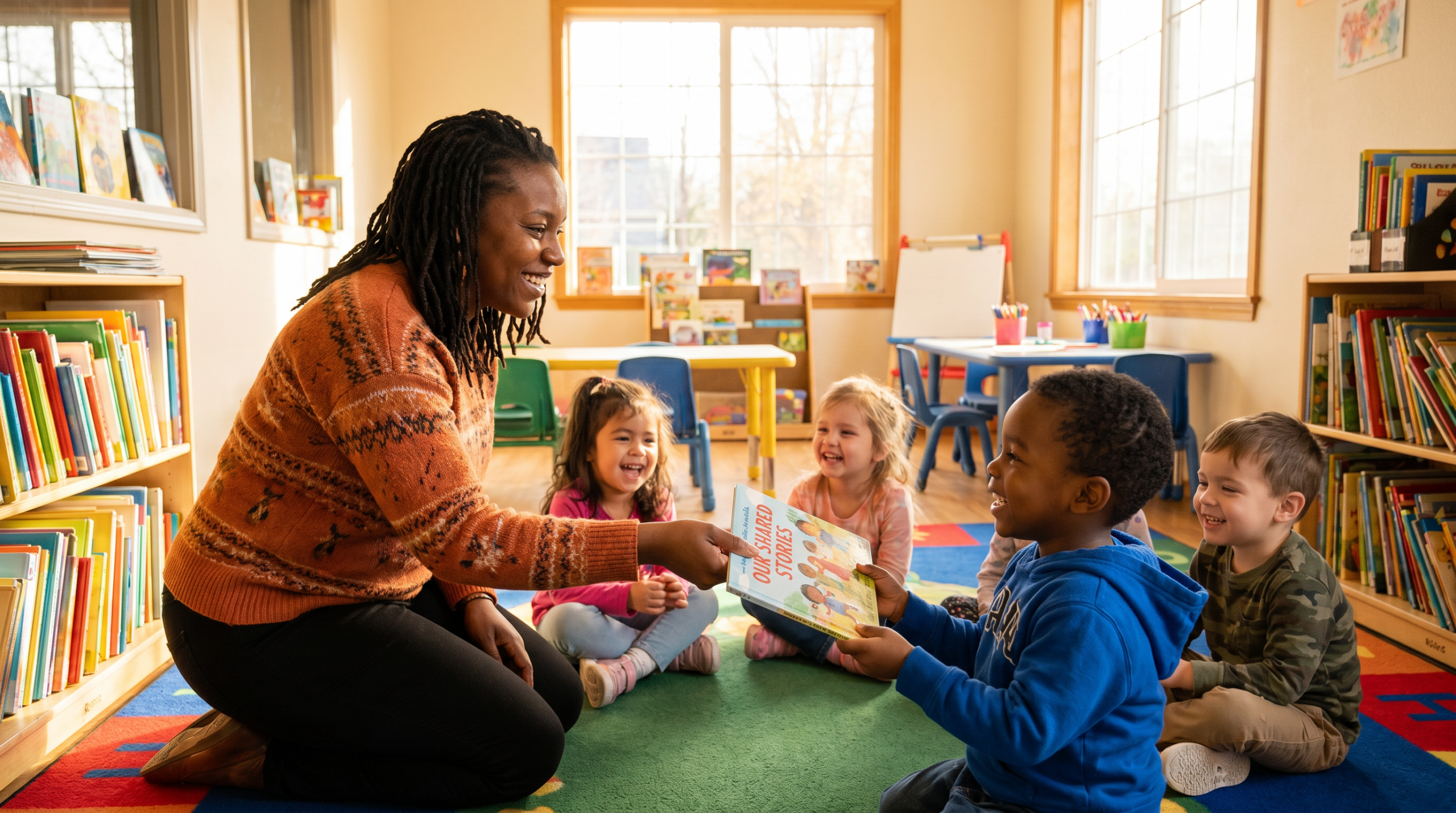 Author handing book to child in classroom