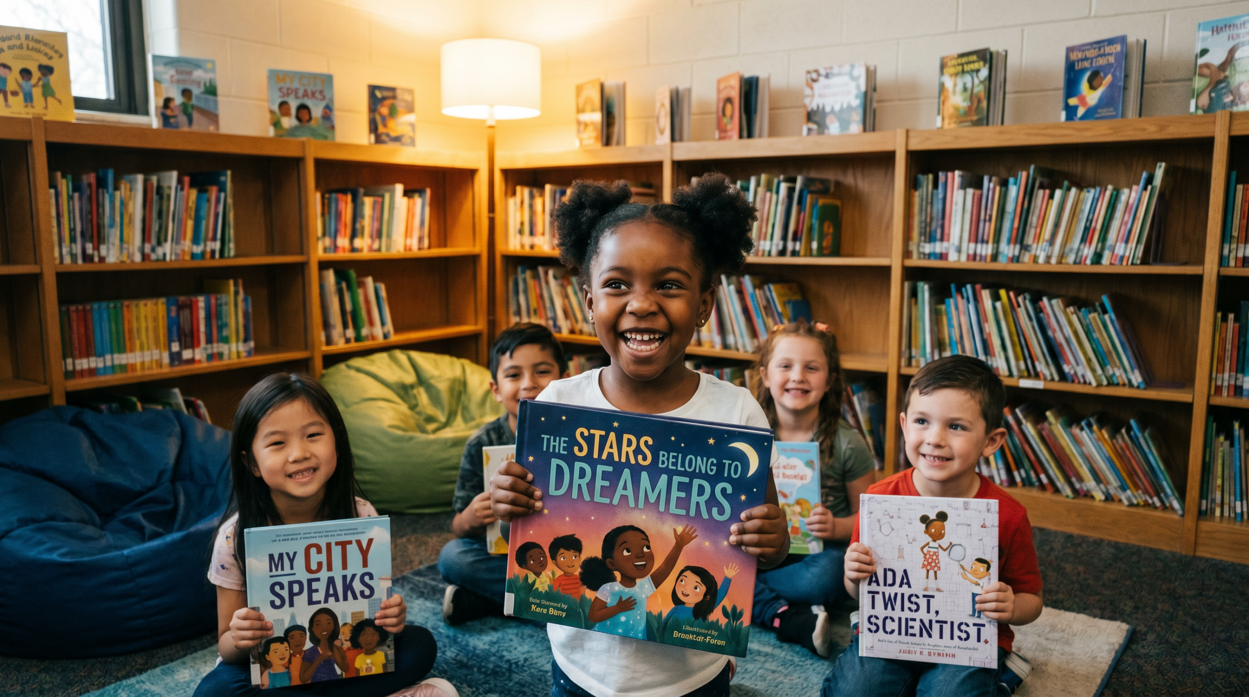 Children holding books in school library