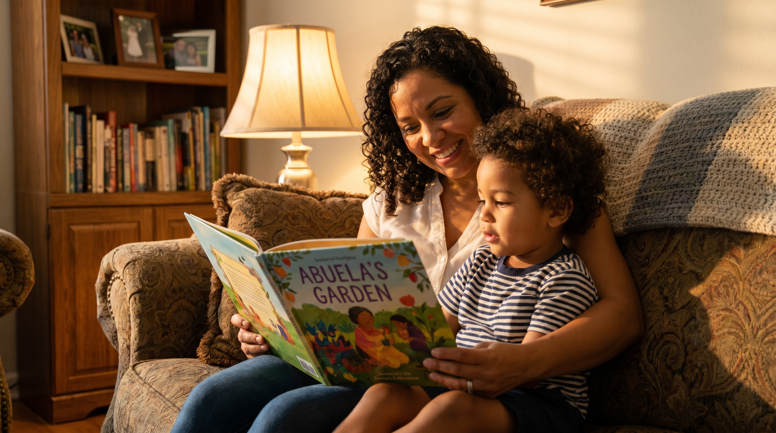 Mother reading to child at home